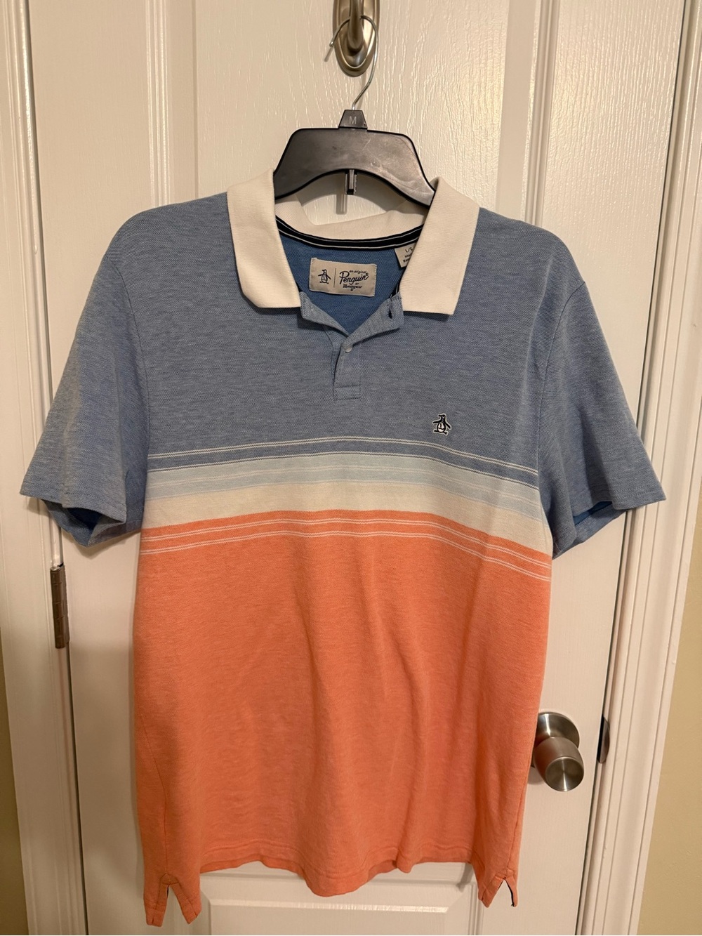 Original Penguin Short Sleeve Colorblock Polo - Blue & Coral large men’s